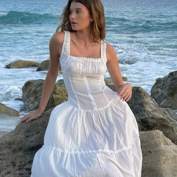 Frankie's Bikinis Christabelle Ruffle Maxi Dress in Sunrose White Large $170 - Picture 1 of 11
